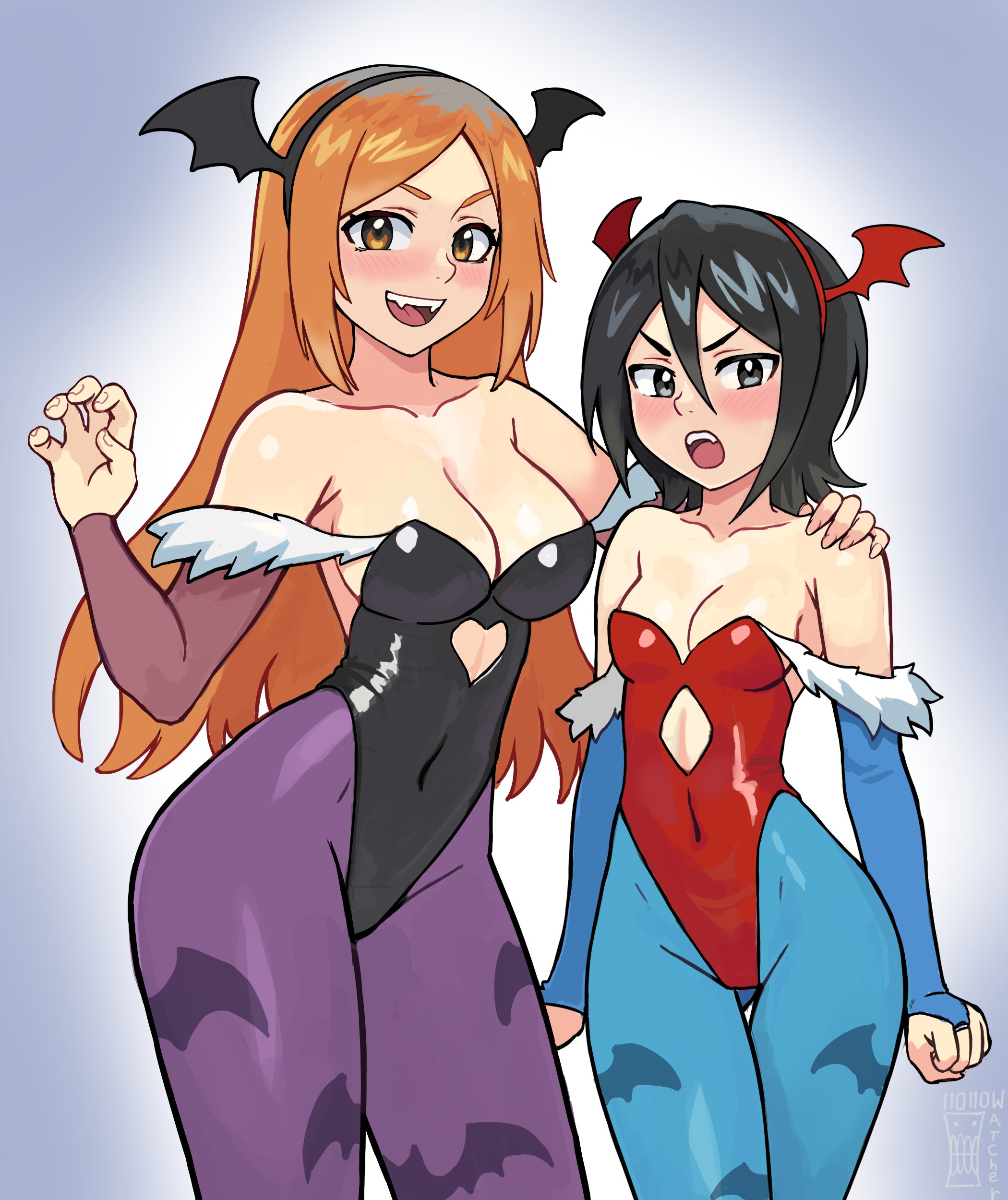 watcher hollow, inoue orihime, kuchiki rukia, lilith (darkstalkers), morrigan aensland, bleach, darkstalkers, absurdres, commentary, english commentary, highres, 2girls, :d, :o, animal print, artist name, bare shoulders, bat print, black eyes, black hair, black hairband, black leotard, blue pantyhose, blush, breasts, cleavage, clothing cutout, collarbone, cosplay, covered navel, diamond cutout, fake wings, fangs, hair between eyes, hairband, hand on another's head, head wings, heart cutout, large breasts, leotard, lilith (darkstalkers) (cosplay), long hair, morrigan aensland (cosplay), multiple girls, open mouth, orange eyes, orange hair, pantyhose, print pantyhose, purple pantyhose, red hairband, red leotard, short hair, small breasts, smile, strapless, strapless leotard, v-shaped eyebrows, wings