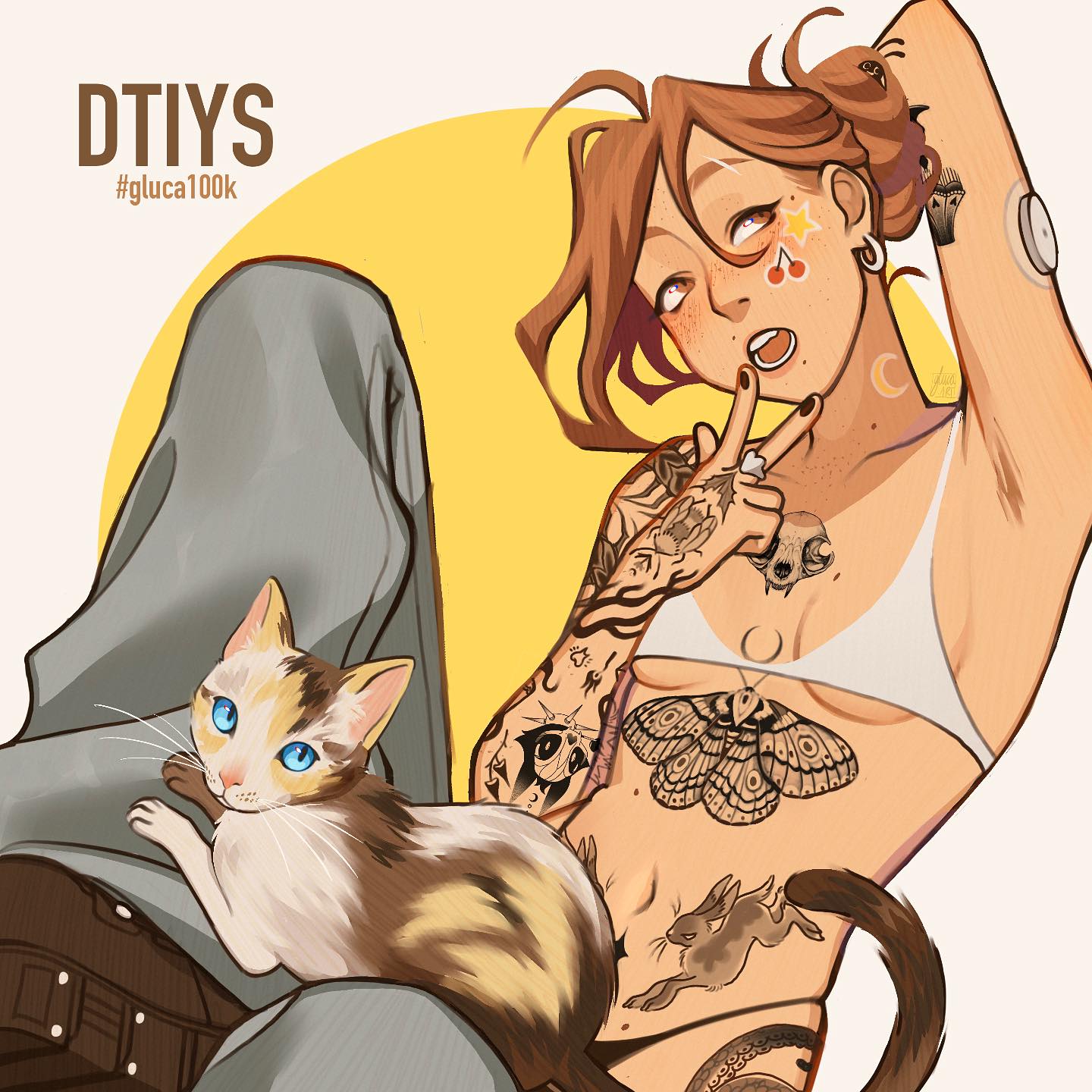 gluca, real life, commentary, english commentary, highres, 1girl, arm behind back, arm up, armpits, black nails, black pants, body freckles, breasts, brown eyes, brown hair, cat, cleavage, denim, draw this in your style challenge, folded ponytail, freckles, grey pants, hashtag, hip tattoo, jeans, lowleg, lowleg panties, micro bra, mole, mole above mouth, mole under eye, mole under mouth, multiple moles, navel, open mouth, panties, pants, self-portrait, shoulder tattoo, small breasts, solo, sticker, sticker on face, stomach tattoo, string panties, tattoo, underboob, underwear