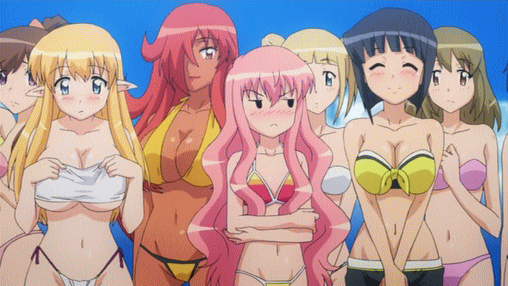 kirche augusta frederica von anhalt zerbst, louise francoise le blanc de la valliere, siesta (zero no tsukaima), tiffania westwood, zero no tsukaima, animated, animated gif, anime screenshot, 00s, 6+girls, adjusting clothes, adjusting swimsuit, bandeau, bandeau bikini, bikini, black hair, blonde hair, blue eyes, blush, bouncing breasts, breasts, brown eyes, brown hair, cleavage, closed eyes, cloud, crossed arms, dark-skinned female, dark skin, flat chest, front-tie bikini top, front-tie top, hair over one eye, huge breasts, large breasts, long hair, lowleg, lowleg bikini, medium breasts, multiple girls, navel, outdoors, pink hair, pointy ears, purple eyes, red eyes, red hair, short hair, side-tie bikini bottom, sky, standing, strapless, swimsuit, talking, tube top, wardrobe malfunction, wavy hair
