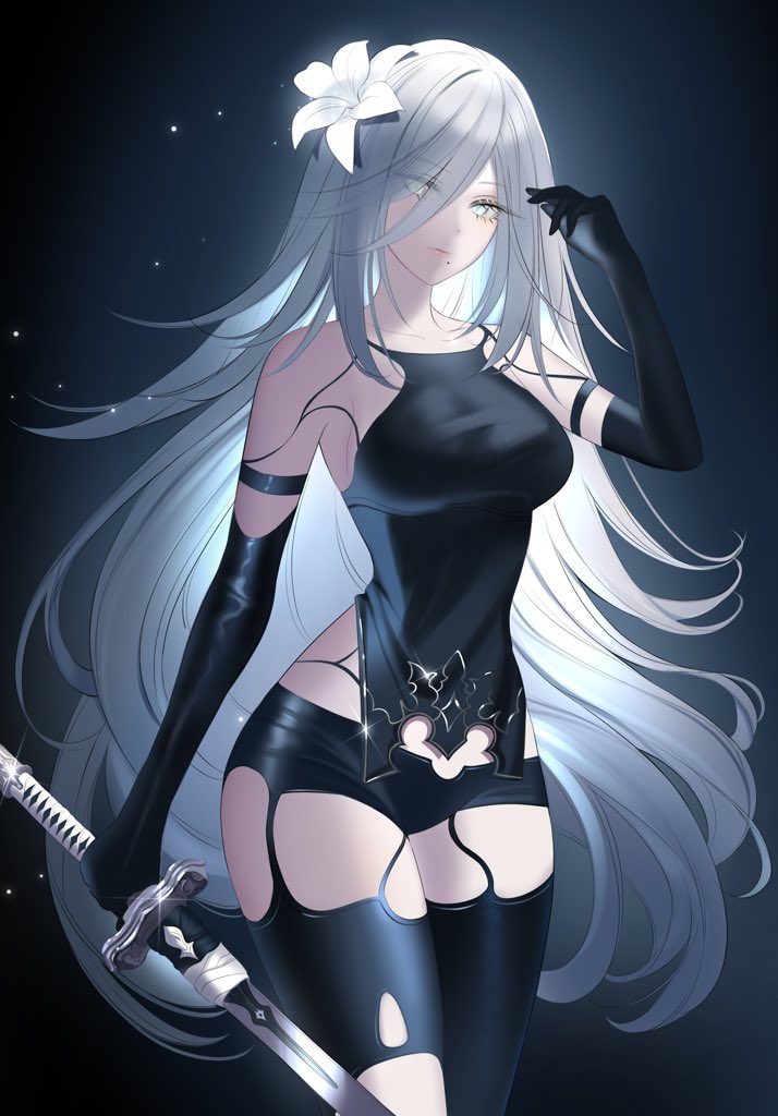 707arisu, a2 (nier:automata), nier:automata, nier (series), 1girl, armlet, bare shoulders, black armlet, black background, black gloves, black panties, black tank top, black thighhighs, blue eyes, breasts, collarbone, elbow gloves, eyelashes, flower, gloves, glowing, glowing flower, gradient background, hair between eyes, hair flower, hair ornament, hair over one eye, hand up, holding, holding sword, holding weapon, jewelry, joints, large breasts, lipgloss, lips, long eyelashes, long hair, looking at viewer, lunar tear, messy hair, midriff peek, mole, mole under mouth, panties, pink lips, robot joints, sidelocks, simple background, solo, sparkle, striped tank top, sword, tank top, thighhighs, thighs, underwear, vertical-striped tank top, very long hair, weapon, white flower, white hair