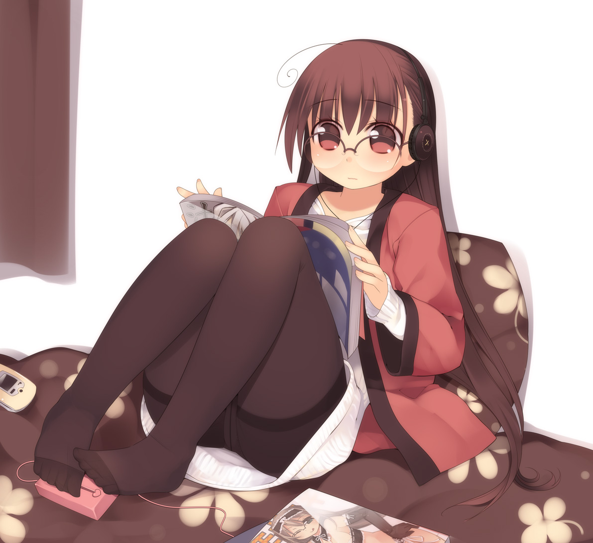 kashiwamochi yomogi, arima senne, original, bad id, bad pixiv id, 1girl, ahoge, bed, book, brown eyes, brown hair, feet, female focus, glasses, headphones, long hair, magazine (object), open book, pantyhose, reading, sex toy, sitting, solo, vibrator