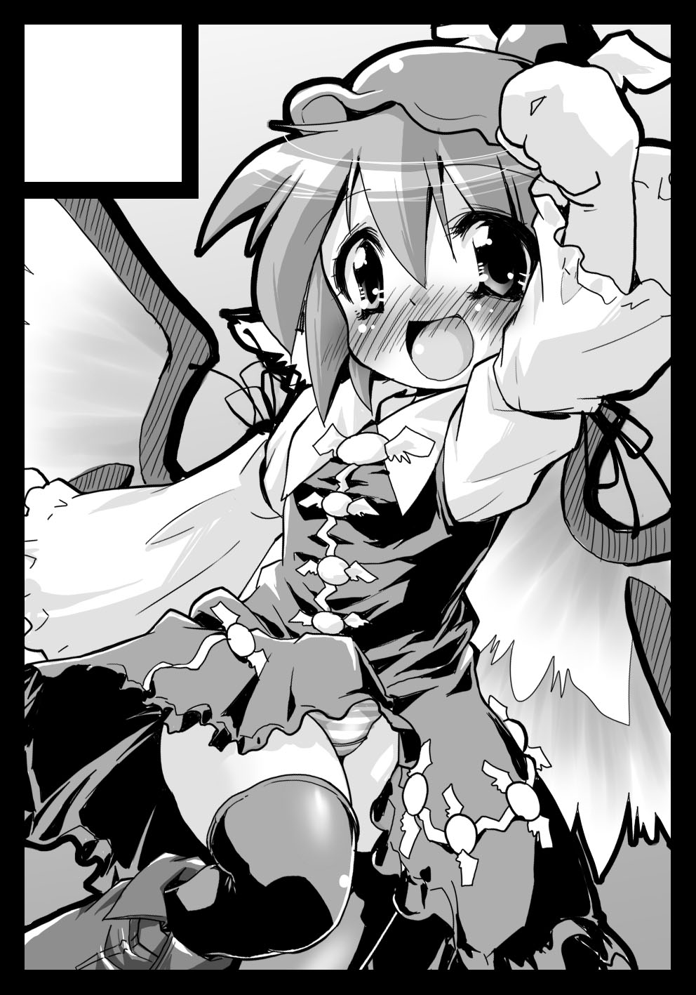 nikusho, omorashi myschi, mystia lorelei, touhou, highres, 1girl, black border, blush, bonnet, border, circle cut, dress, female focus, flat chest, frills, greyscale, monochrome, open mouth, panties, ribbon, solo, striped clothes, striped panties, thighhighs, underwear
