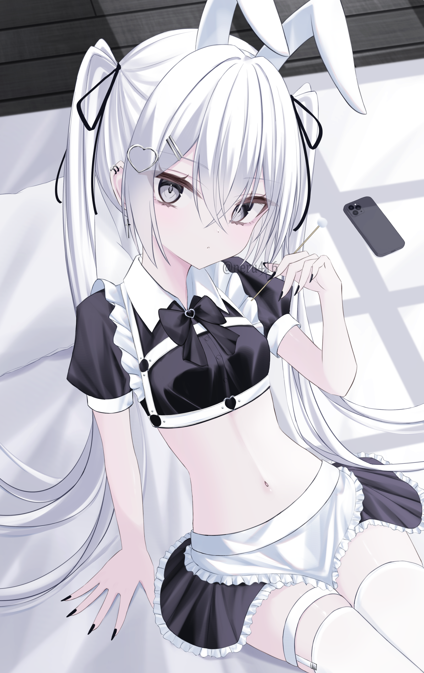iris37337, original, commentary request, highres, 1girl, :o, animal ears, apron, bed sheet, black bow, black bowtie, black nails, black ribbon, black shirt, black skirt, bow, bowtie, breasts, cellphone, collared shirt, contrast collar, cowboy shot, crop top, cross, cross earrings, crossed bangs, ear piercing, earrings, fingernails, frilled apron, frilled skirt, frills, grey eyes, hair between eyes, hair ornament, hair ribbon, hairclip, heart, heart hair ornament, holding, indoors, jewelry, latin cross, legwear garter, long fingernails, long hair, looking at viewer, maid, medium breasts, midriff, miniskirt, navel, parallel hairclips, parted lips, phone, piercing, puffy short sleeves, puffy sleeves, rabbit ears, rabbit girl, ribbon, sharp fingernails, shirt, short sleeves, single legwear garter, sitting, skirt, smartphone, solo, thighhighs, twintails, twitter username, very long hair, waist apron, white apron, white hair, white thighhighs, window shadow, wooden floor