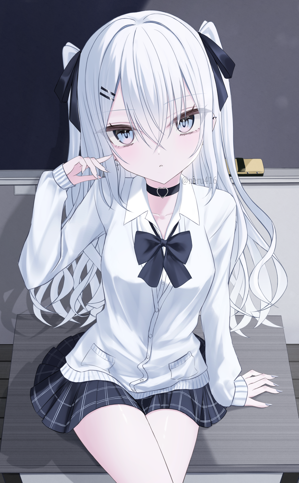 iris37337, original, commentary request, highres, 1girl, black bow, black bowtie, black choker, black ribbon, black skirt, blue eyes, board eraser, bow, bowtie, breasts, cardigan, chalkboard, choker, classroom, collarbone, collared shirt, cowboy shot, crossed legs, desk, hair between eyes, hair ornament, hair ribbon, hairclip, heart, heart choker, indoors, long hair, long sleeves, looking at viewer, medium breasts, miniskirt, on desk, parallel hairclips, parted lips, plaid clothes, plaid skirt, ribbon, school uniform, shirt, sitting, skirt, solo, two side up, white cardigan, white hair, white shirt