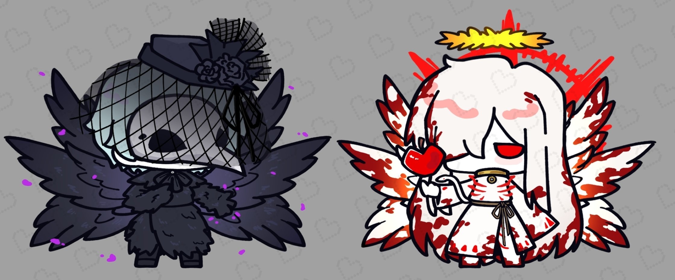 jjong (7 jjong 9), angela (project moon), library of ruina, project moon, highres, 2girls, bird mask, black wings, blood, blood in hair, blood on clothes, bloody wings, blue hair, chibi, chibi only, e.g.o (project moon), feathered wings, fishnet veil, full body, fur dress, halo, hat, heart, looking at viewer, mask, multiple girls, official alternate costume, prophet (e.g.o), red eyes, short hair, standing, white hair, white wings, wings, wrist cutter (e.g.o)