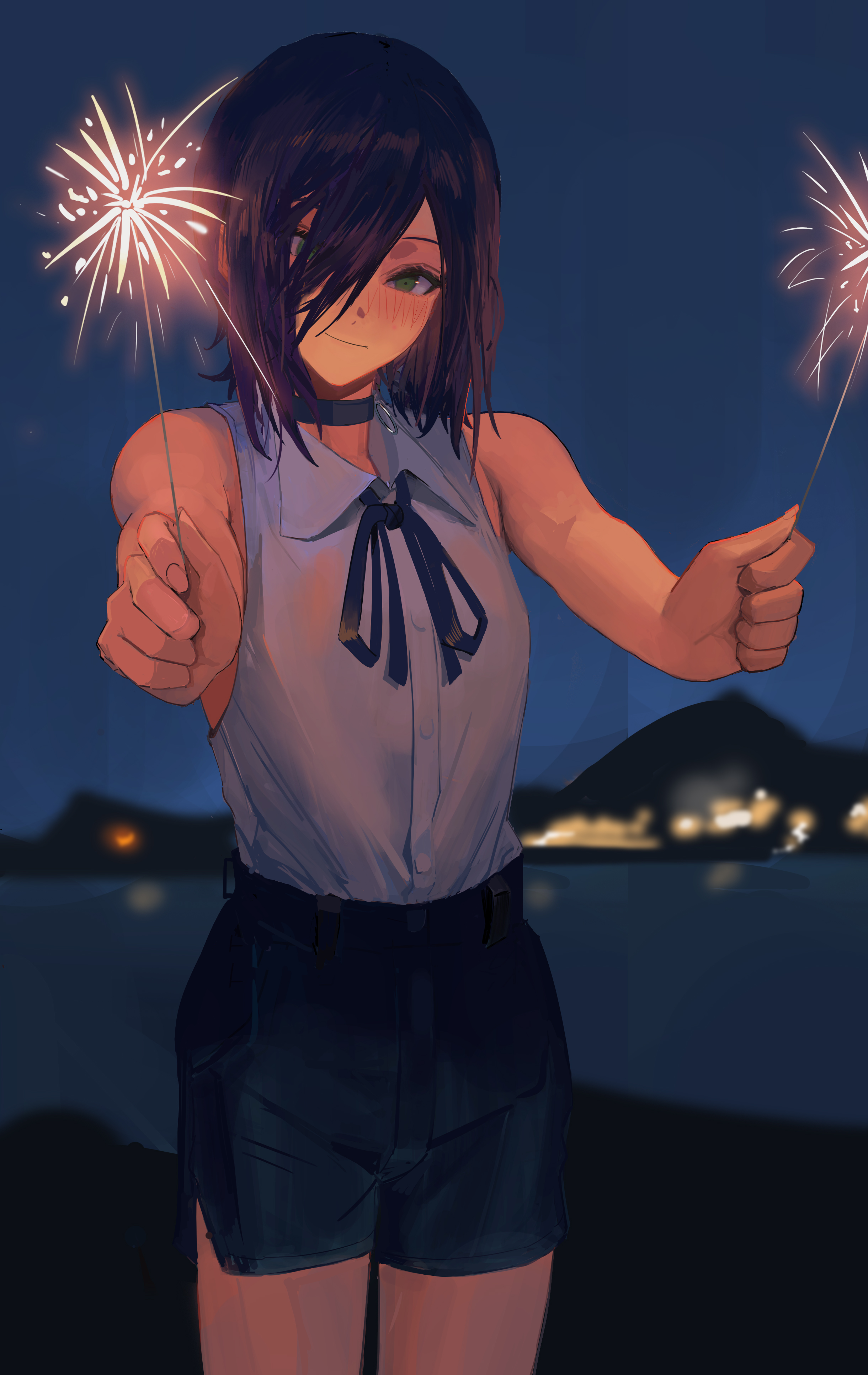 zombieleg, reze (chainsaw man), chainsaw man, absurdres, highres, 1girl, armpit crease, bare arms, black choker, black hair, black ribbon, black shorts, blush, breasts, choker, fireworks, green eyes, grenade pin, holding, holding fireworks, looking at viewer, neck ribbon, outdoors, ribbon, shirt, shirt tucked in, shorts, side slit, side slit shorts, sleeveless, sleeveless shirt, small breasts, smile, solo, sparkler, thighs, white shirt