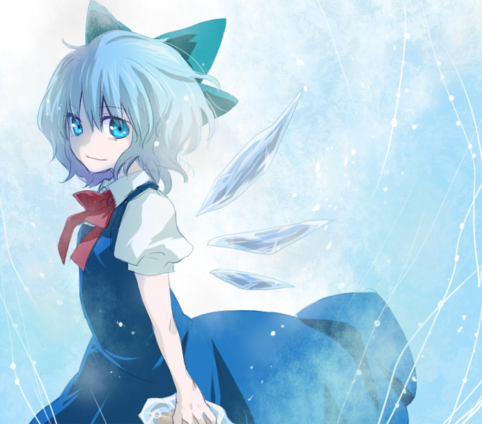 machiko (beard), cirno, pyonta, shoot the bullet, touhou, 1girl, aqua eyes, blue eyes, bow, female focus, frozen, hair bow, ice, no nose, profile, short hair, smile, solo, wings
