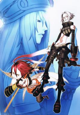 hosokawa seiichirou, alkaid (.hack//), endrance, endrance (.hack//), haseo, haseo (.hack//), .hack//, .hack//g.u., lowres, official art, 00s, 1girl, 2boys, :d, antenna hair, bare shoulders, boots, breasts, bridal gauntlets, cleavage, crop top, dual wielding, elbow gloves, evil smile, facial mark, fantasy, fighting stance, foreshortening, front-tie top, gloves, gradient hair, hair between eyes, hat, holding, jumping, knee boots, long hair, looking at viewer, midriff, multicolored hair, multiple boys, open mouth, pale skin, pants, red hair, ribbon, short hair, skinny, smile, standing, strap, sword, tattoo, turtleneck, weapon, white hair