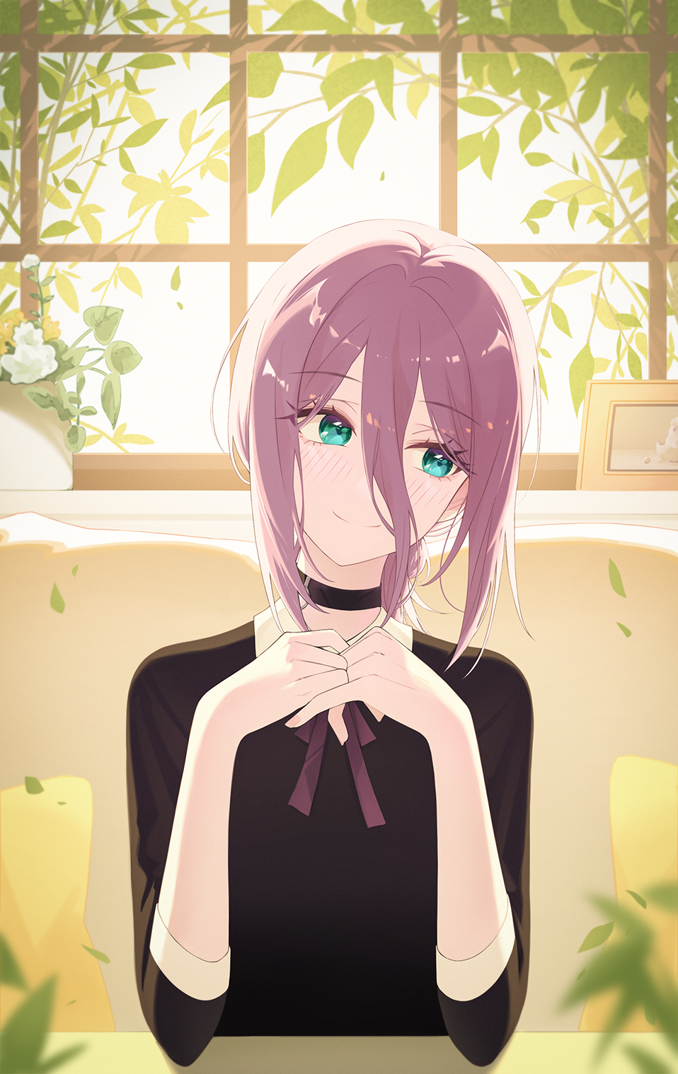soyolan, reze (chainsaw man), chainsaw man, commentary, highres, 1girl, alternate costume, black choker, black shirt, blurry, blush, choker, collar, collared shirt, contrast collar, depth of field, green eyes, grenade pin, hair between eyes, head tilt, indoors, long hair between eyes, neck ribbon, own hands together, picture frame, plant, potted plant, purple hair, purple ribbon, ribbon, shirt, sidelocks, sideways glance, sitting, smile, solo, upper body, white collar, window
