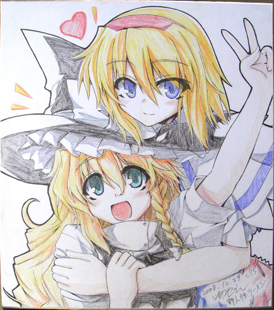iseno yajin, alice margatroid, kirisame marisa, touhou, colored pencil (medium), traditional media, 2girls, braid, female focus, gradient background, hat, hug, multiple girls, shikishi, upper body, white background