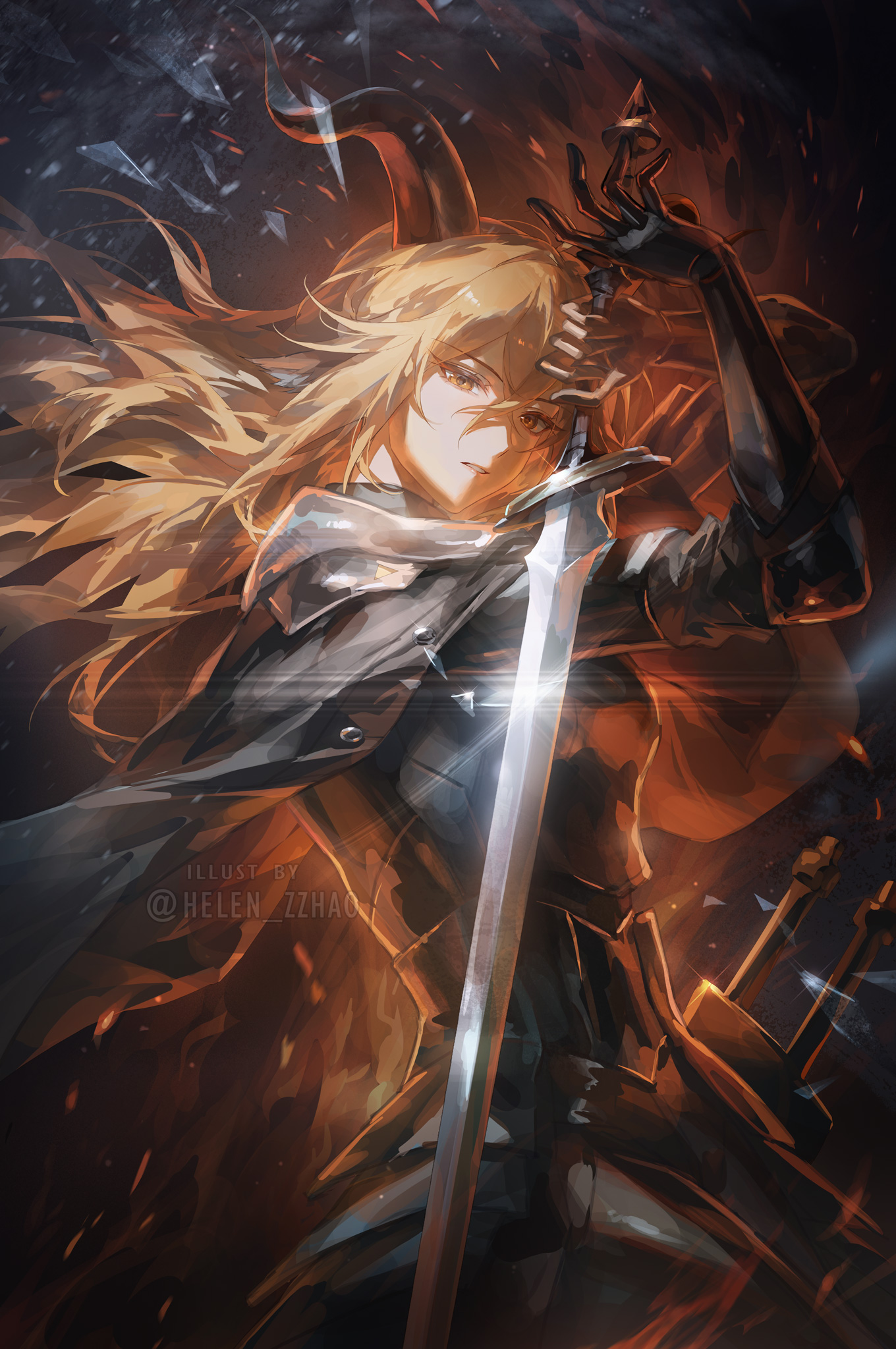 helen zzhao, degenbrecher (arknights), arknights, highres, 1girl, alternate costume, armor, artist name, breasts, broken glass, cape, crossed bangs, floppy ears, glass, green eyes, green hair, hair between eyes, holding, holding sword, holding weapon, horns, long hair, looking at viewer, medium breasts, parted lips, solo, sword, upper body, watermark, weapon