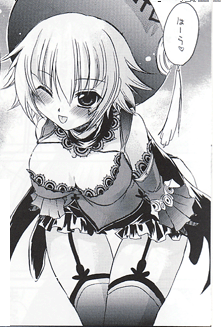 shino (.hack//), shino (.hack//g.u.), .hack//, .hack//g.u., bandai, cyber connect 2, lowres, scan, 00s, 1girl, ;p, bent over, blush, breasts, choker, cleavage, detached sleeves, female focus, frills, garter straps, greyscale, hat, lace, large breasts, monochrome, one eye closed, short hair, skirt, solo, thigh gap, thighhighs, thighs, tongue, tongue out, zettai ryouiki