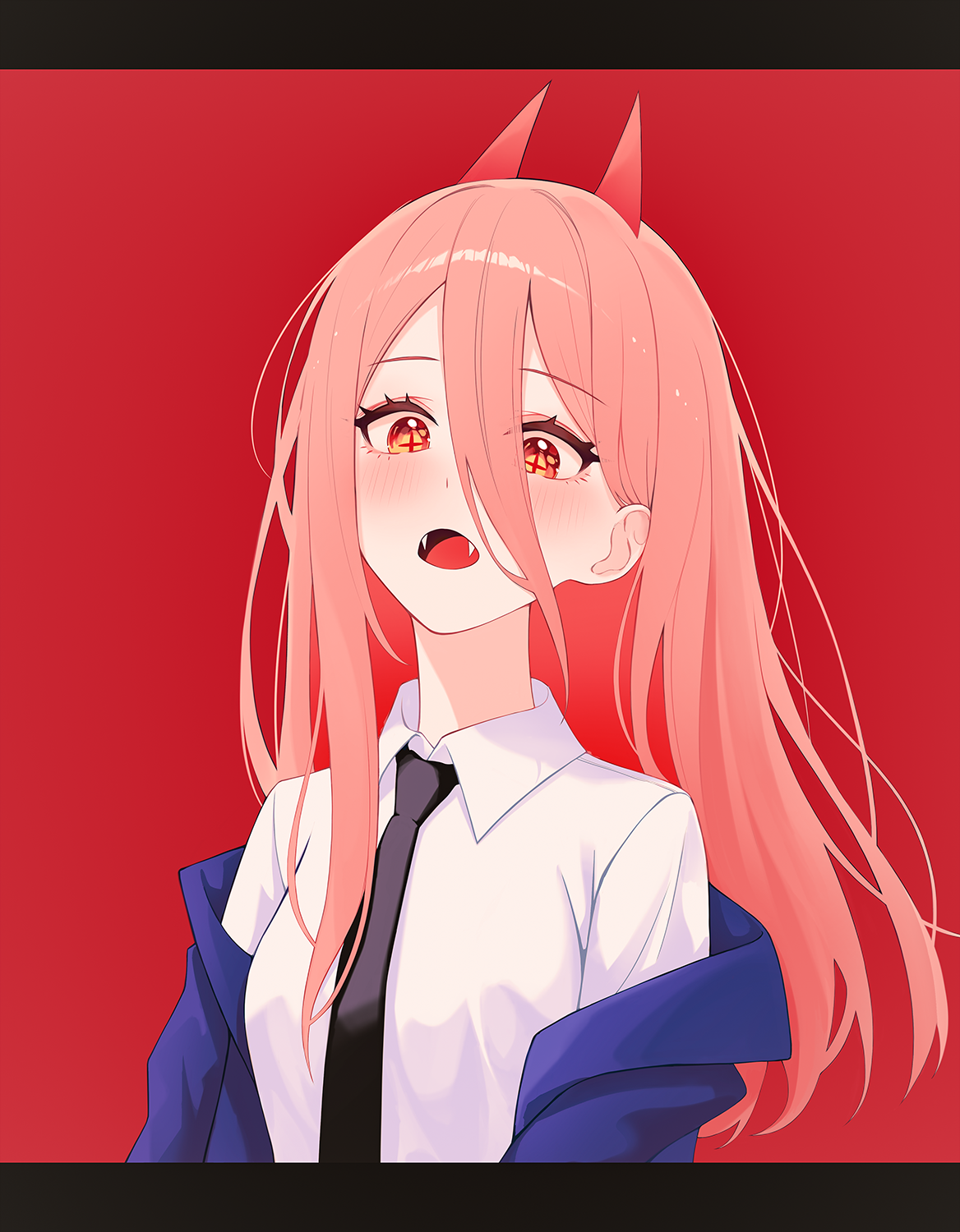 soyolan, power (chainsaw man), chainsaw man, commentary, highres, 1girl, :o, black necktie, blue jacket, blush, cross-shaped pupils, demon horns, double-parted bangs, dress shirt, fangs, hair between eyes, horns, jacket, jacket partially removed, letterboxed, long hair, long hair between eyes, looking down, necktie, red background, shirt, simple background, solo, straight hair, symbol-shaped pupils, upper body, very long hair, white shirt