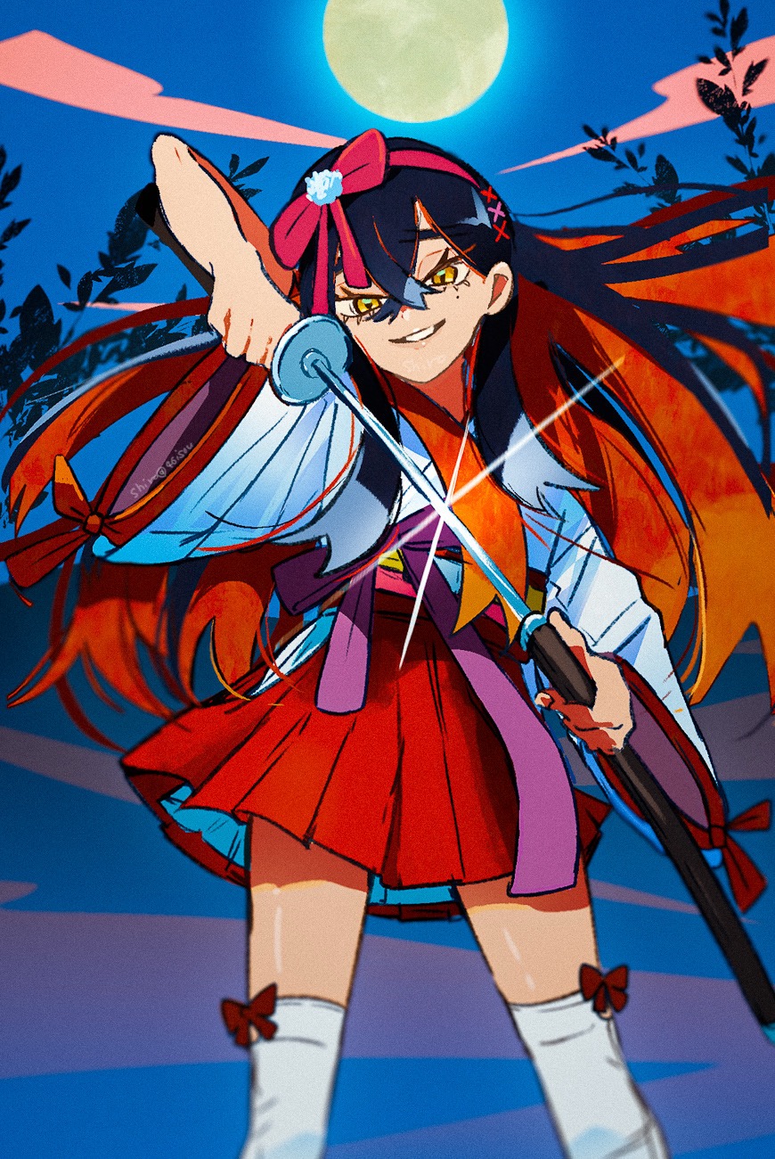 shiro (46isou), carmine (pokemon), nintendo, pokemon, pokemon sv, commentary, highres, symbol-only commentary, 1girl, black hair, bow, bow hairband, colored inner hair, crossed bangs, full moon, hair between eyes, hair bow, hairband, holding, holding sheath, holding sword, holding weapon, japanese clothes, long hair, long sleeves, mole, mole under eye, moon, multicolored hair, pleated skirt, red bow, red hair, red hairband, red skirt, sheath, skirt, smile, sword, twitter username, two-tone hair, unsheathing, weapon, wide sleeves, yellow eyes