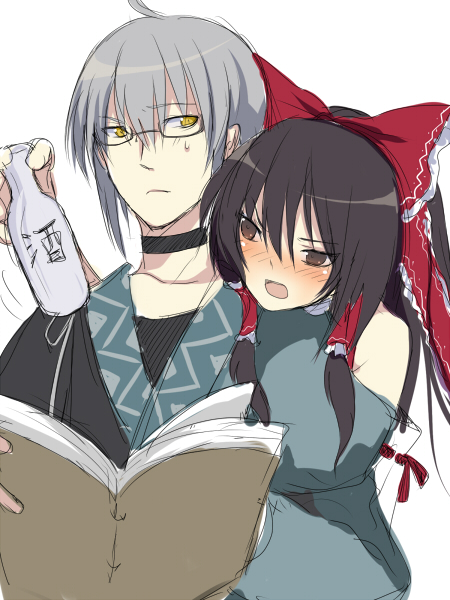 harano, hakurei reimu, morichika rinnosuke, curiosities of lotus asia, touhou, 1boy, 1girl, ahoge, alcohol, annoyed, blush, book, bow, brown eyes, brown hair, choker, detached sleeves, drunk, grey hair, hair bow, japanese clothes, large bow, long hair, looking back, miko, open book, open mouth, reading, sake, simple background, sweatdrop, white background, yellow eyes