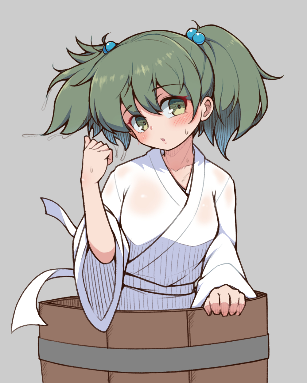 shiro bouzu, kisume, touhou, commentary request, highres, 1girl, blush, breasts, bucket, collarbone, green eyes, green hair, grey background, hair bobbles, hair ornament, in bucket, in container, looking to the side, robe, short hair, simple background, small breasts, solo, twintails, white robe, wooden bucket