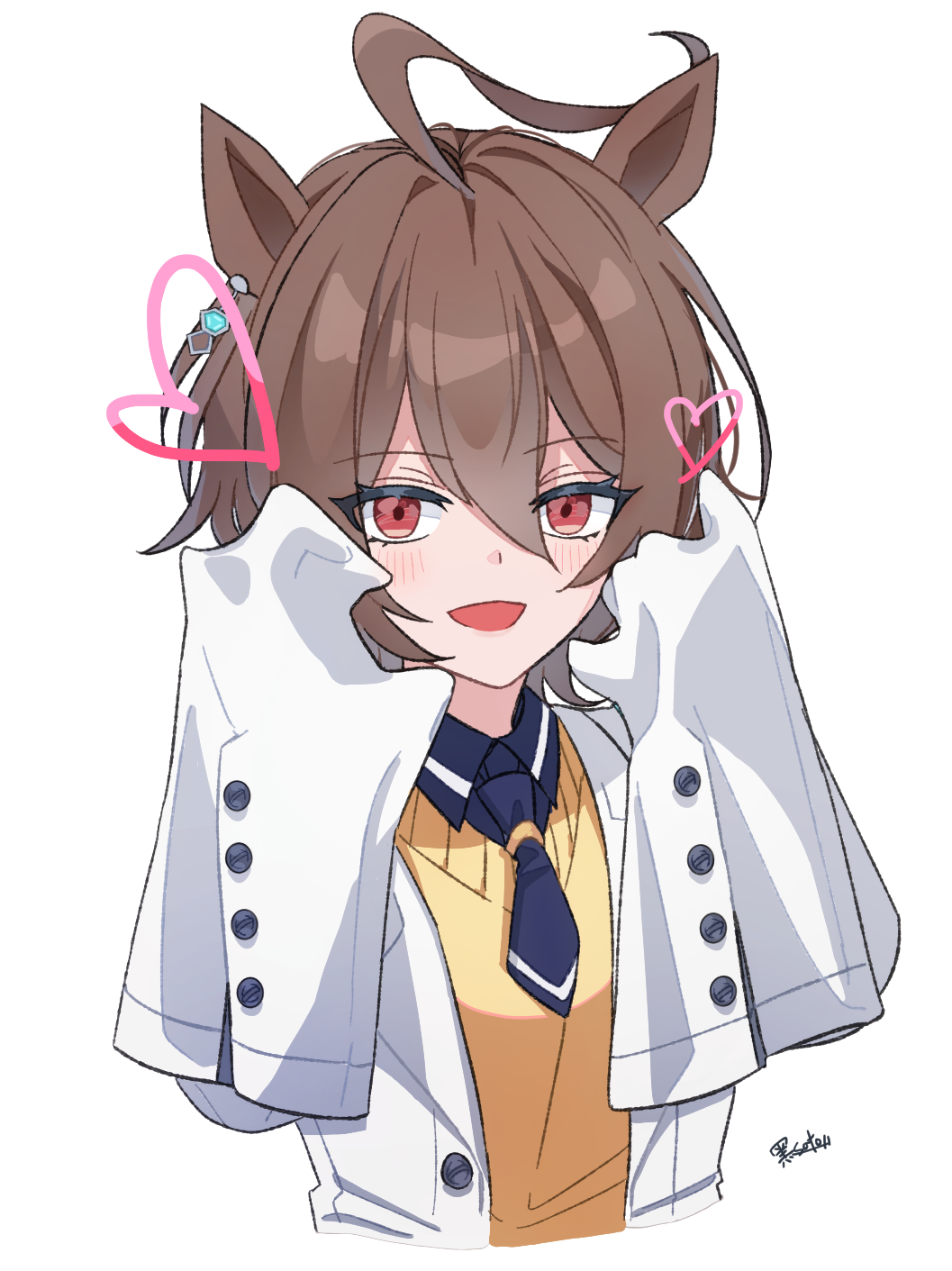 agnes tachyon (umamusume), umamusume, highres, 1girl, ahoge, artist name, black necktie, black shirt, brown hair, chemical structure, claw pose, coat, collared shirt, ear ornament, earrings, hair between eyes, hands up, heart, huge ahoge, jewelry, kuro sato, lab coat, long sleeves, looking at viewer, necktie, open clothes, open coat, open mouth, red eyes, shirt, short hair, short necktie, signature, simple background, single earring, sleeves past fingers, sleeves past wrists, smile, solo, sweater, white background, white coat, yellow sweater