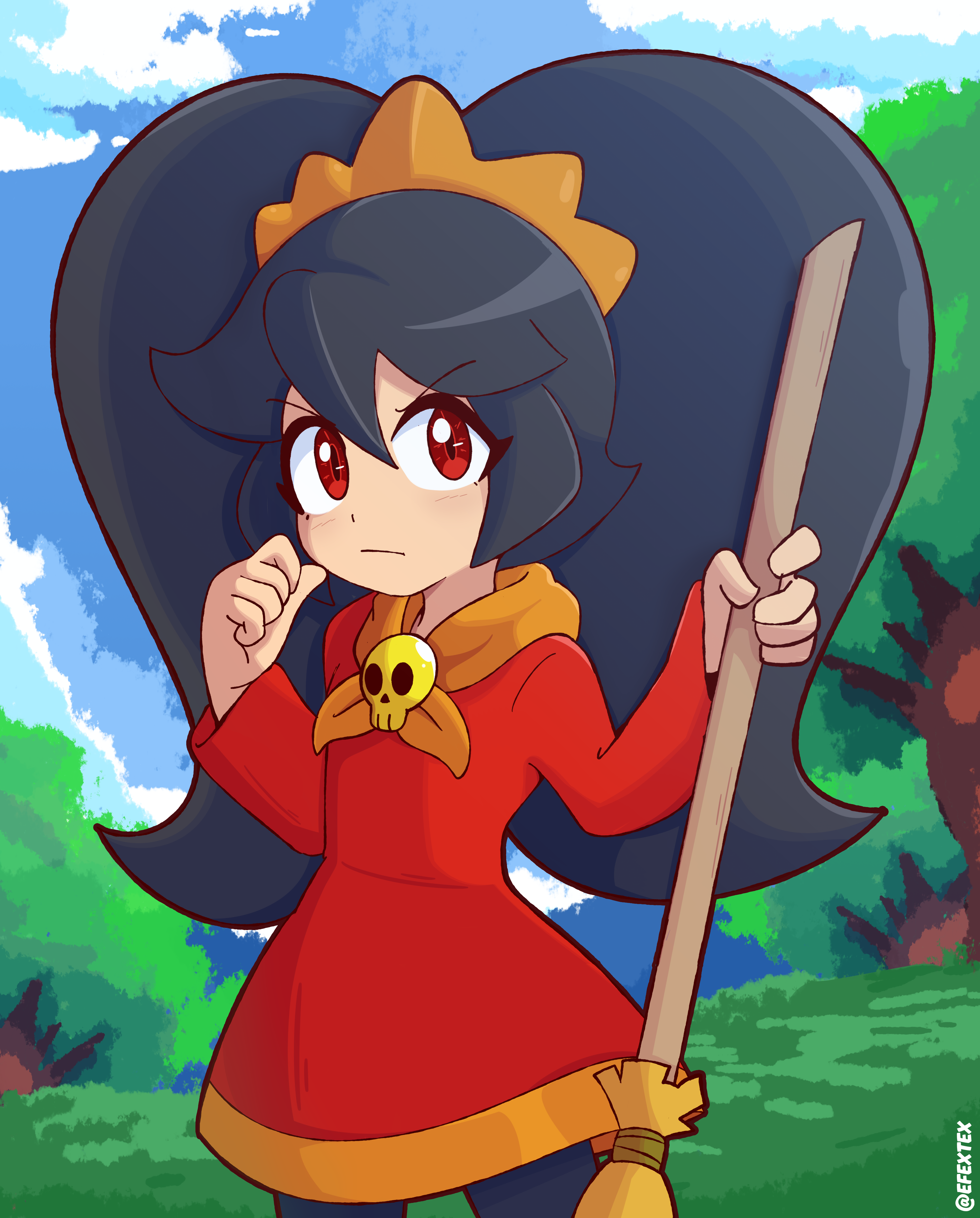 efextex, ashley (warioware), nintendo, warioware, absurdres, highres, 1girl, big hair, black hair, black pantyhose, broom, closed mouth, cloud, dress, hair between eyes, hairband, holding, holding broom, long hair, long sleeves, looking at viewer, neckerchief, orange hairband, orange neckerchief, outdoors, pantyhose, red dress, red eyes, skull ornament, solo, tree, twintails, twitter username, very long hair