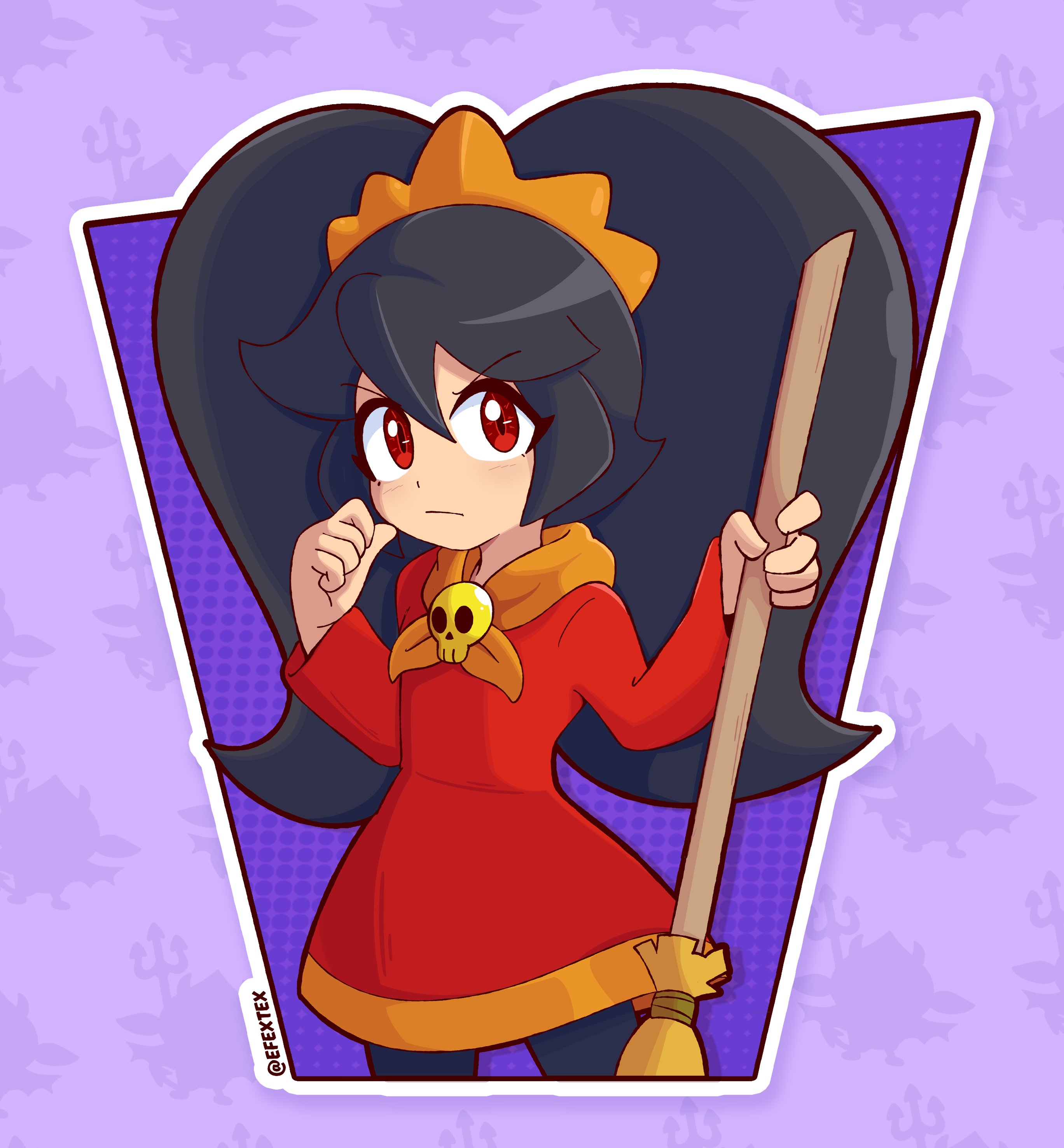 efextex, ashley (warioware), nintendo, warioware, absurdres, highres, 1girl, big hair, black hair, black pantyhose, broom, closed mouth, dress, hair between eyes, hairband, holding, holding broom, long hair, long sleeves, looking at viewer, neckerchief, orange hairband, orange neckerchief, pantyhose, purple background, red dress, red eyes, skull ornament, solo, twintails, twitter username, very long hair