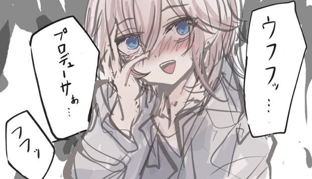 kawamochi (kawauti919), anastasia (idolmaster), idolmaster, idolmaster cinderella girls, translation request, 1girl, :d, blue eyes, blush, brown hair, grey background, grey shirt, hair between eyes, hand on own face, hand up, long sleeves, looking at viewer, nose blush, open mouth, shirt, sketch, smile, solo, upper body, white background