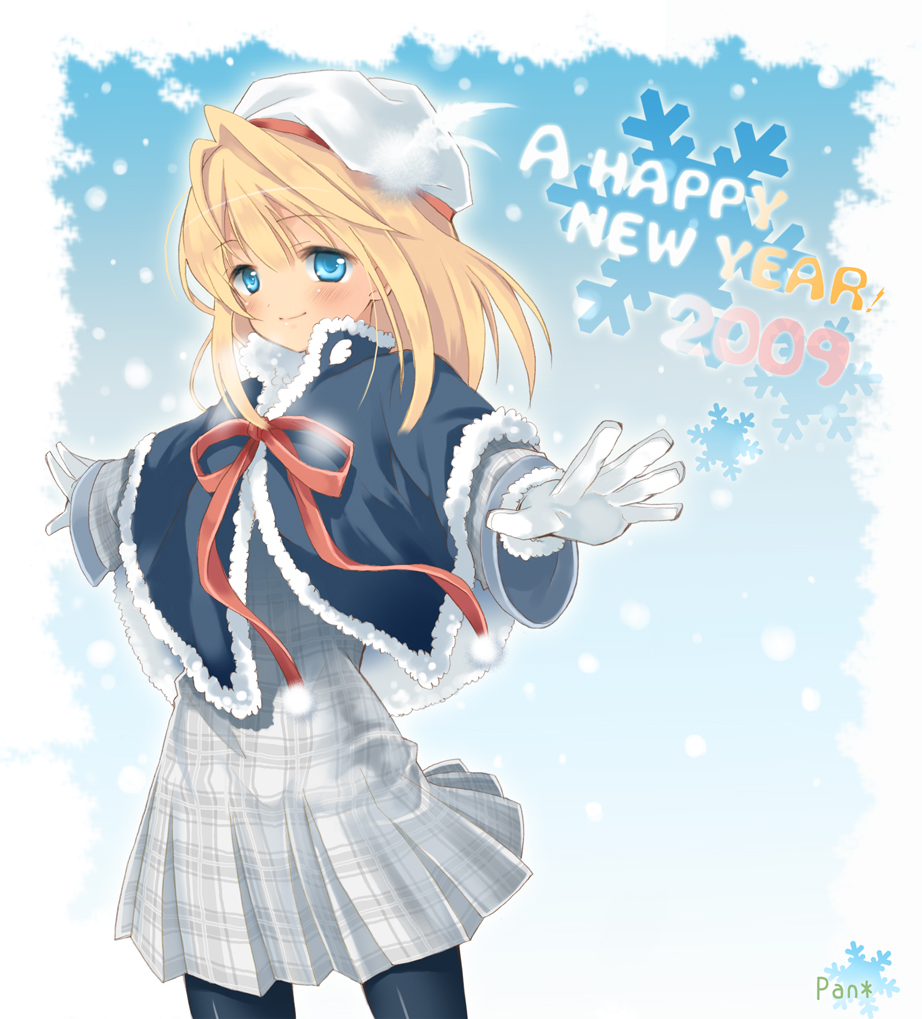 pan (mimi), bad id, bad pixiv id, 00s, 2009, beret, black pantyhose, blonde hair, blue eyes, blush, dress, gloves, hat, hat feather, new year, pantyhose, plaid clothes, plaid dress, pom pom (clothes), smile, snowing