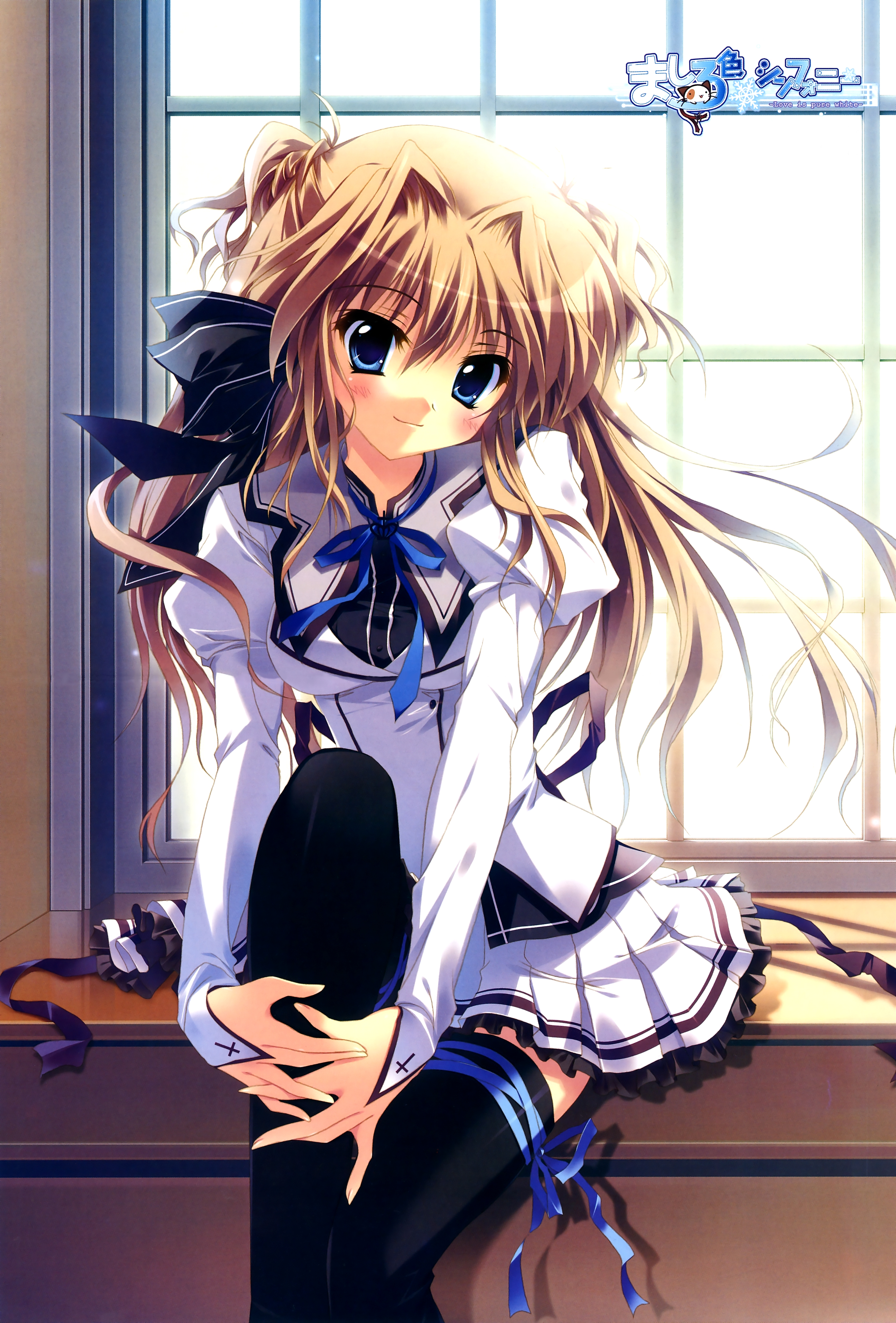 izumi tsubasu, sena airi, mashiroiro symphony, absurdres, highres, 1girl, blonde hair, blue eyes, blush, bow, copyright name, female focus, hair bow, hair intakes, hair ribbon, leg ribbon, long hair, pleated skirt, ribbon, school uniform, sitting, skirt, solo, thigh ribbon, thighhighs, two side up, window, zettai ryouiki