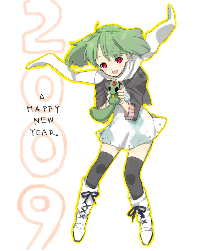 01 0219, ranka lee, macross, macross frontier, 00s, 2009, blush, boots, green hair, new year, red eyes, scarf, short hair, solo, thighhighs