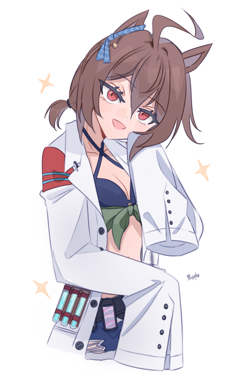 agnes tachyon (umamusume), umamusume, highres, 1girl, ahoge, animal ears, artist name, bikini, bikini top only, blue bikini, blue bow, blue ribbon, blue shorts, bow, breasts, cleavage, coat, collarbone, ear ribbon, green shirt, hair between eyes, hand up, horse ears, horse girl, kuro sato, lab coat, light blush, long sleeves, medium breasts, open clothes, open coat, ponytail, red eyes, ribbon, shirt, short hair, short ponytail, shorts, signature, simple background, sleeves past fingers, sleeves past wrists, solo, star (symbol), swimsuit, test tube, tied shirt, white background, white coat, wide sleeves