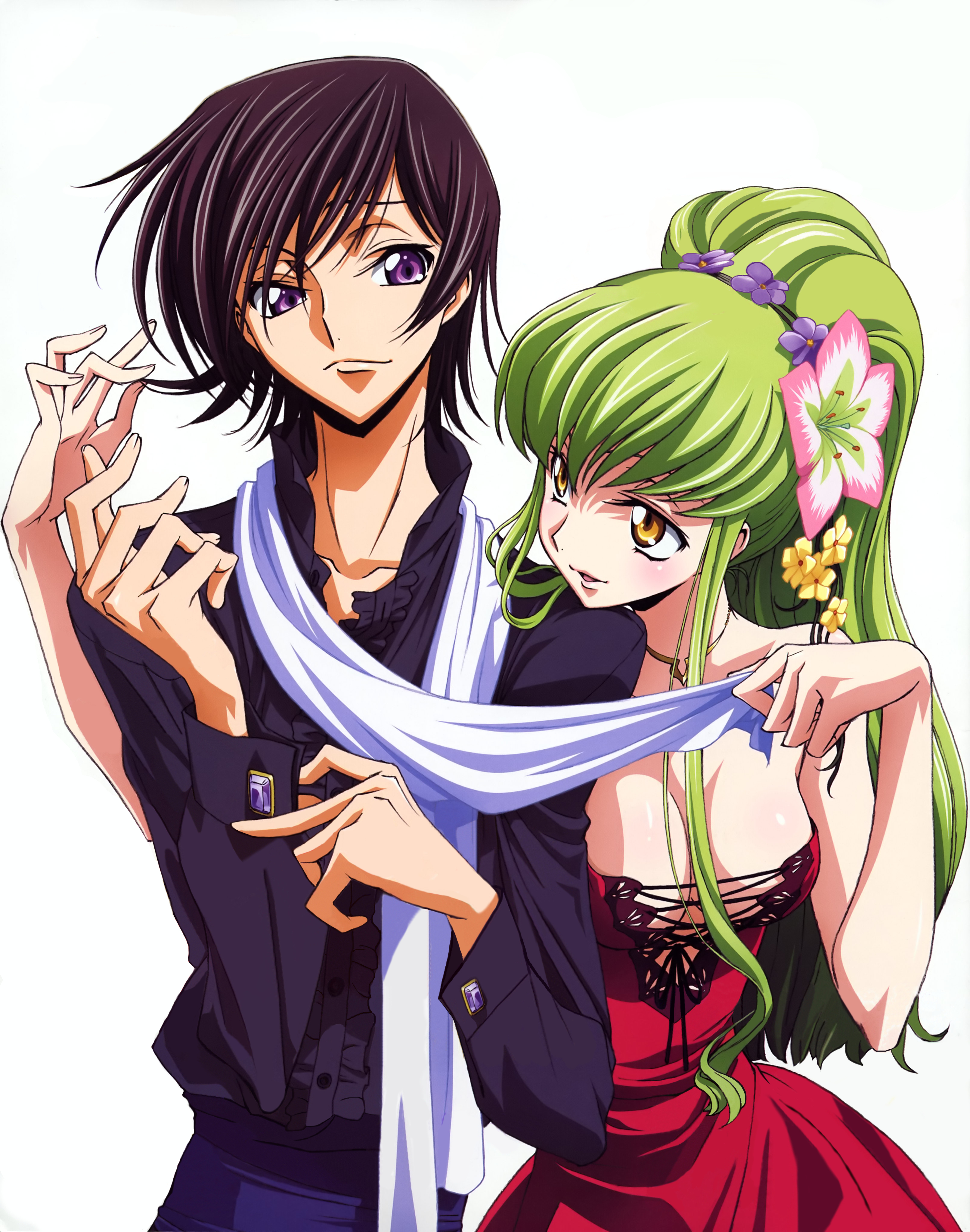 c.c., lelouch vi britannia, code geass, absurdres, highres, 00s, 1boy, 1girl, black hair, breasts, cleavage, couple, dress, flower, green hair, hair flower, hair ornament, hetero, long hair, ponytail, purple eyes, short hair, yellow eyes