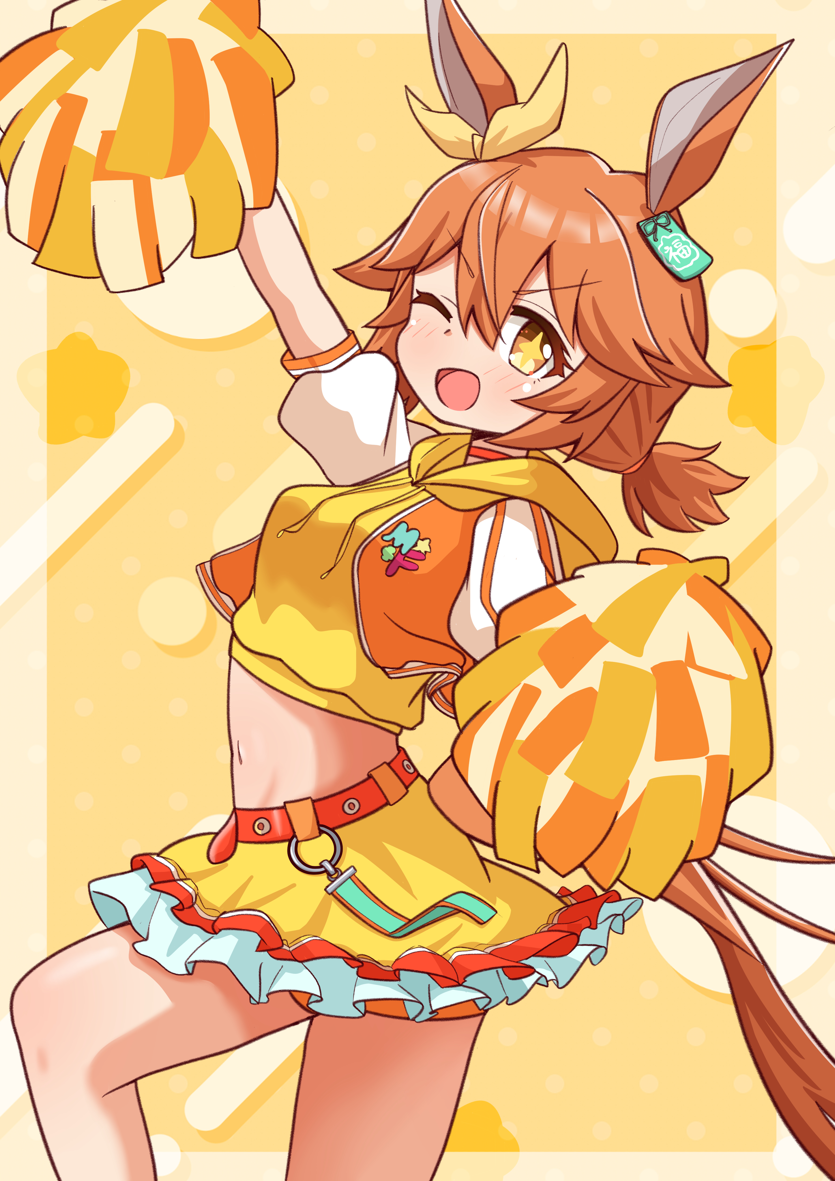 gtmd0gjamw, matikanefukukitaru (umamusume), umamusume, absurdres, highres, + +, 1girl, alternate costume, animal ears, belt, blush, bow, breasts, cheerleader, cropped hoodie, cropped jacket, ear bow, ear ornament, hair between eyes, hair ornament, holding, holding pom poms, hood, hoodie, horse ears, horse girl, horse tail, jacket, long hair, looking at viewer, midriff, navel, one eye closed, open mouth, orange belt, orange hair, orange jacket, orange shorts, pom pom (cheerleading), pom poms, short sleeves, shorts, shorts under skirt, skirt, smile, solo, tail, yellow bow, yellow hoodie, yellow skirt
