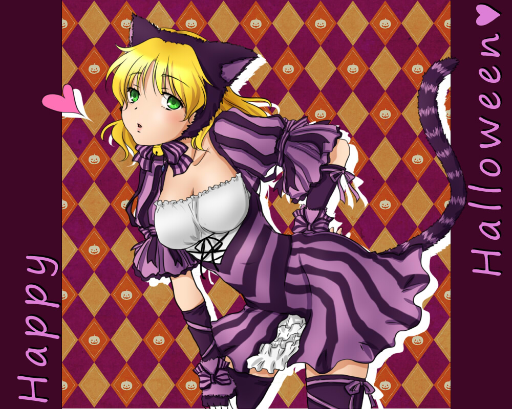 kanro-candy, mizuhashi parsee, touhou, commentary request, 1girl, alternate costume, animal ears, blonde hair, blush, breasts, cat ears, cat girl, checkered background, cleavage, cowboy shot, dress, fake animal ears, fake tail, fingerless gloves, gloves, green eyes, halloween, halloween costume, happy halloween, heart, jack-o'-lantern, leaning forward, looking at viewer, medium breasts, open mouth, orange background, pointy ears, purple dress, purple gloves, purple thighhighs, short hair, short sleeves, solo, striped clothes, striped dress, tail, thighhighs