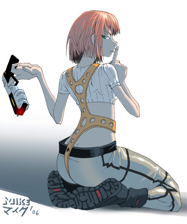 leeloo (the fifth element), the fifth element, 1girl, female focus, green eyes, gun, pink hair, solo, weapon