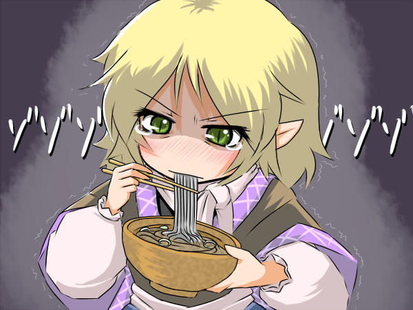 [], mizuhashi parsee, touhou, 1girl, blonde hair, blush, bowl, chopsticks, eating, female focus, food, green eyes, noodles, pointy ears, short hair, slit pupils, soba, solo, tears, trembling