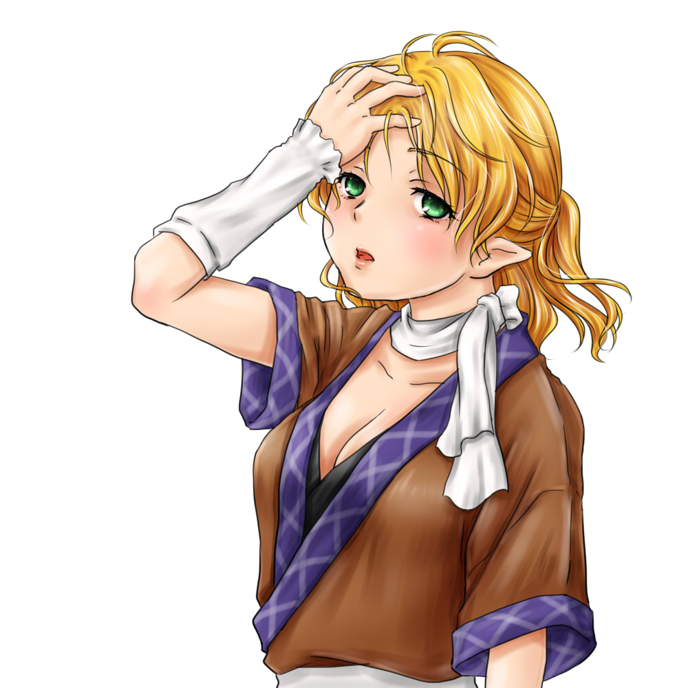 kanro-candy, mizuhashi parsee, touhou, commentary request, 1girl, arm warmers, black shirt, blonde hair, blush, breasts, brown shirt, cleavage, green eyes, hand on own head, looking at viewer, medium breasts, open mouth, pointy ears, scarf, shirt, short hair, short sleeves, simple background, solo, undershirt, upper body, white background, white scarf
