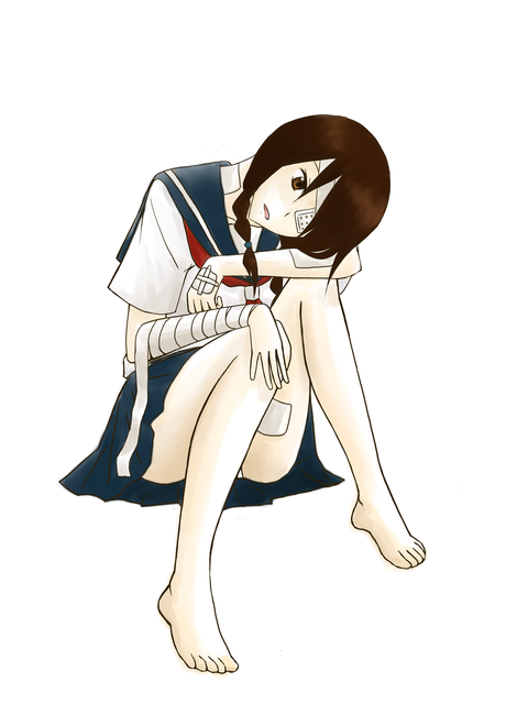 ao toki, kobushi abiru, sayonara zetsubou sensei, 00s, bandage over one eye, bandages, barefoot, black hair, feet, panties, school uniform, serafuku, solo, underwear