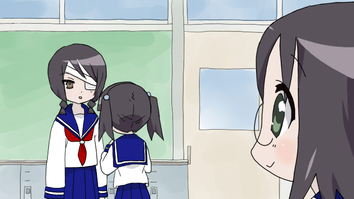 ao toki, fujiyoshi harumi, kobushi abiru, otonashi meru, lucky star, sayonara zetsubou sensei, bandages, black hair, parody, school uniform, serafuku, style parody