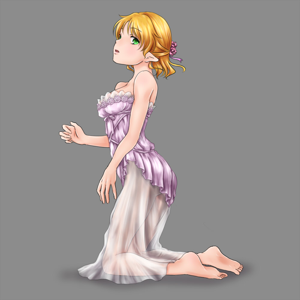 kanro-candy, mizuhashi parsee, touhou, commentary request, 1girl, alternate costume, barefoot, blonde hair, breasts, dress, flower, full body, green eyes, grey background, hair flower, hair ornament, half updo, kneeling, looking at viewer, looking to the side, medium breasts, open mouth, pink flower, pink rose, pointy ears, purple dress, rose, see-through clothes, see-through dress, short hair, simple background, soles, solo, strapless, strapless dress