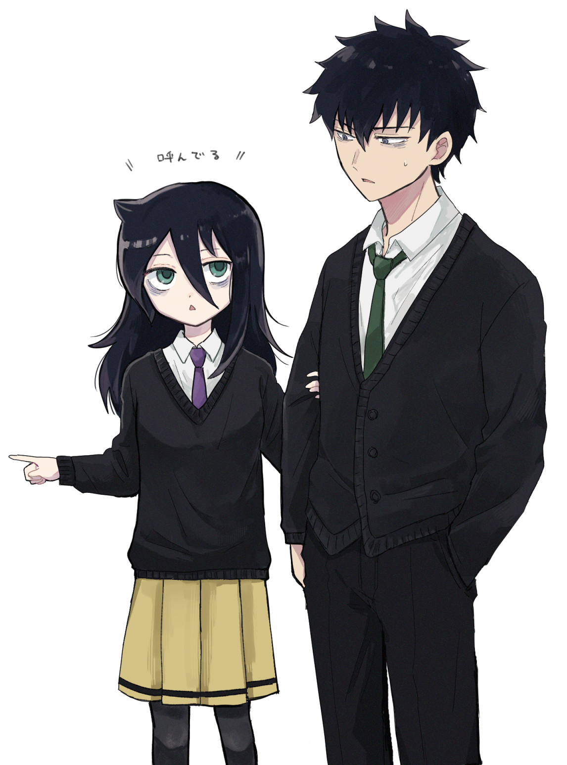 nuka (nukamochi), kuroki tomoki, kuroki tomoko, watashi ga motenai no wa dou kangaetemo omaera ga warui!, commentary request, highres, translation request, 1boy, 1girl, arm at side, bags under eyes, black cardigan, black hair, black pants, black pantyhose, black sweater, brother and sister, buttons, cardigan, chestnut mouth, collared shirt, grabbing another's arm, green eyes, green necktie, grey eyes, hair between eyes, hand in pocket, height difference, long hair, long sleeves, looking at another, necktie, pants, pantyhose, parted lips, pleated skirt, pointing, pointing to the side, purple necktie, school uniform, shirt, short hair, siblings, simple background, skirt, spiked hair, standing, sweatdrop, sweater, white background, white shirt, yellow skirt