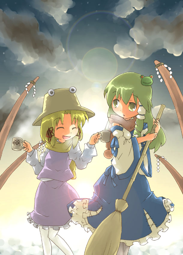 ara ta, harada (sansei rain), kochiya sanae, moriya suwako, touhou, bad id, bad pixiv id, 2girls, broom, female focus, hat, multiple girls, scarf