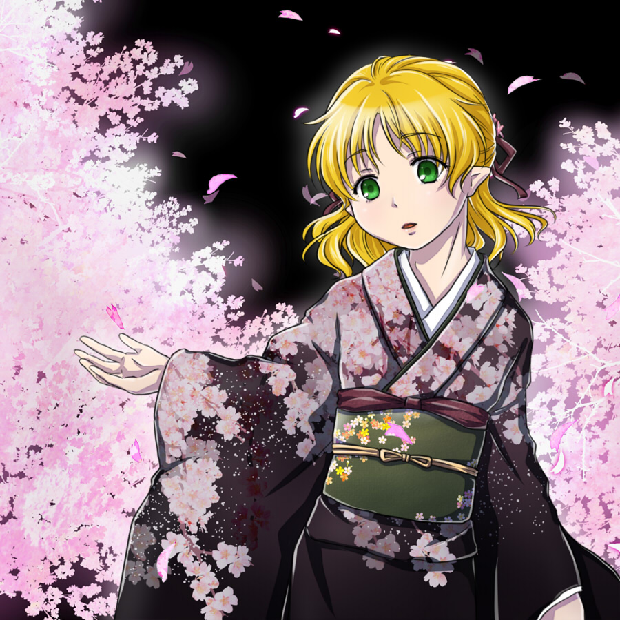 kanro-candy, mizuhashi parsee, touhou, commentary request, 1girl, alternate costume, black background, black kimono, blonde hair, cherry blossoms, floral print, floral print kimono, green eyes, green sash, half updo, japanese clothes, kimono, long sleeves, looking at viewer, obi, open mouth, pointy ears, print kimono, sash, short hair, solo, upper body, wide sleeves