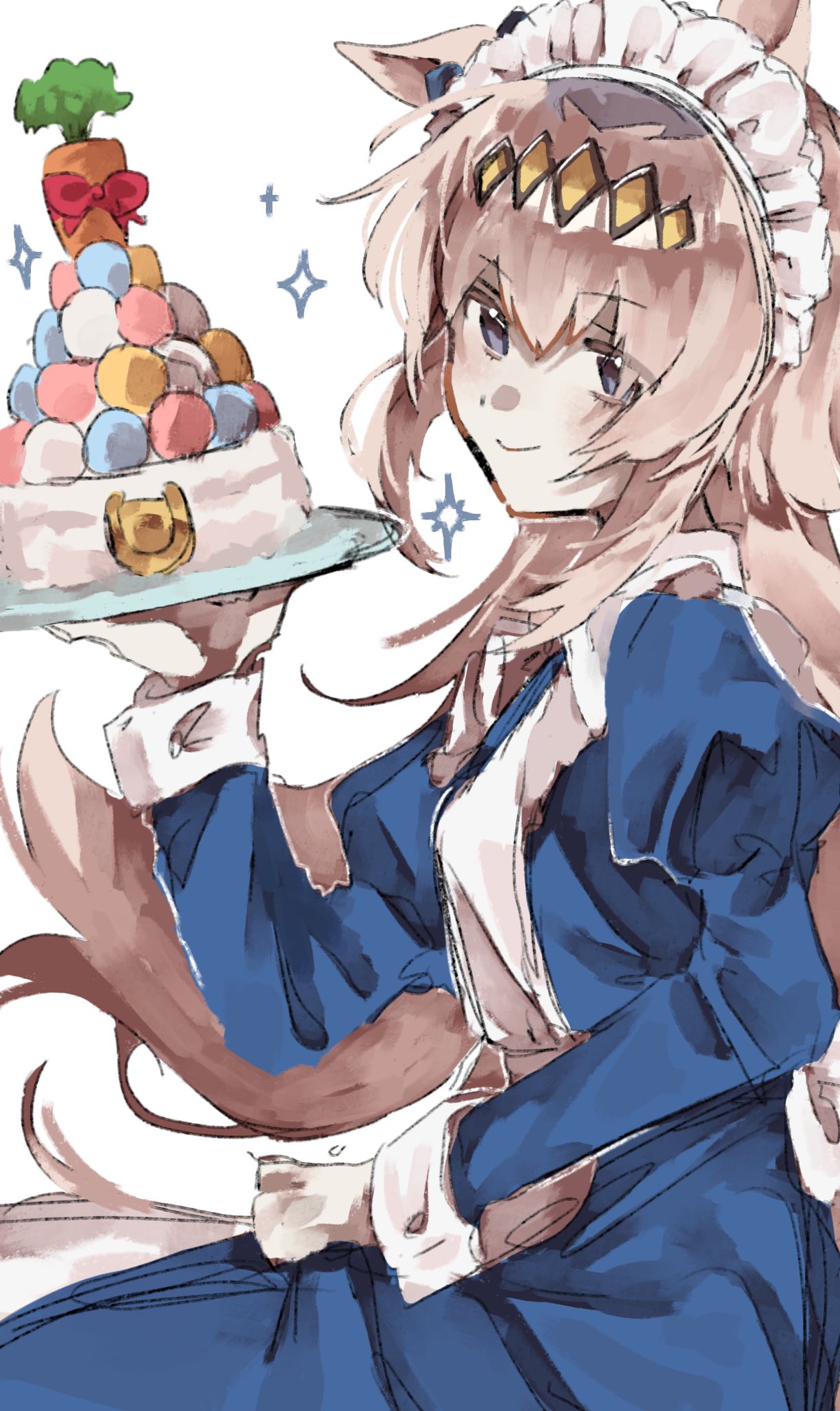oguri cap (umamusume), umamusume, highres, 1girl, animal ears, apron, bkv8j, blue dress, blue eyes, blush, cake, carrot, closed mouth, dress, ear ornament, food, grey hair, hair between eyes, hair ornament, hairband, holding, holding tray, horse ears, horse girl, long hair, long sleeves, maid, maid apron, maid headdress, multicolored hair, sleeve cuffs, smile, solo, star (symbol), tray, white apron, white headdress