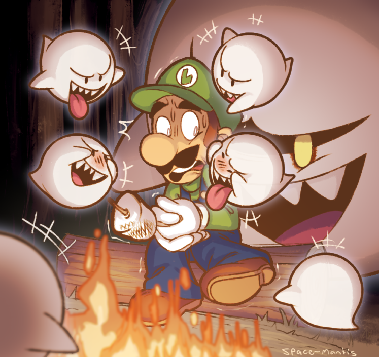 boo (mario), king boo, luigi, mario (series), nintendo, 1boy, artist name, blue overalls, boots, brown boots, brown hair, campfire, facial hair, fire, ghost, gloves, green hat, green shirt, hat, mustache, overalls, sharp teeth, shirt, short hair, spacemantis, teeth, tongue, tongue out, upper teeth only, white gloves
