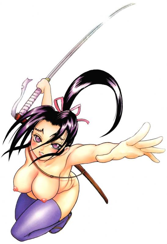 matsuena shun, kousaka shigure, shijou saikyou no deshi ken'ichi, nude filter, third-party edit, 00s, 10s, 1girl, black hair, breasts, cleavage, female focus, katana, large breasts, ninja, nipples, nude, ponytail, purple eyes, solo, sword, thighhighs, weapon