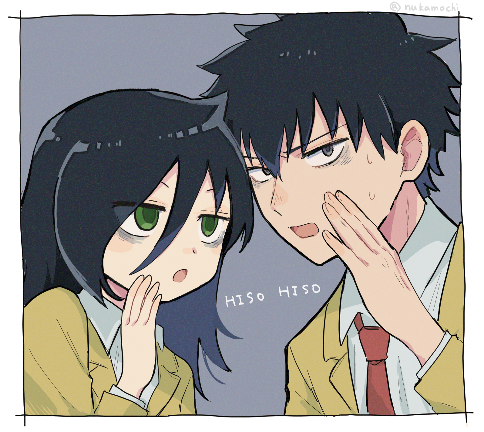 nuka (nukamochi), kuroki tomoki, kuroki tomoko, watashi ga motenai no wa dou kangaetemo omaera ga warui!, commentary request, highres, 1boy, 1girl, bags under eyes, black hair, blazer, border, brother and sister, collared shirt, green eyes, grey background, grey eyes, hair between eyes, hand up, jacket, long hair, long sleeves, looking at another, looking at viewer, necktie, open mouth, red necktie, school uniform, shirt, short hair, siblings, simple background, spiked hair, sweat, upper body, white border, white shirt, yellow jacket