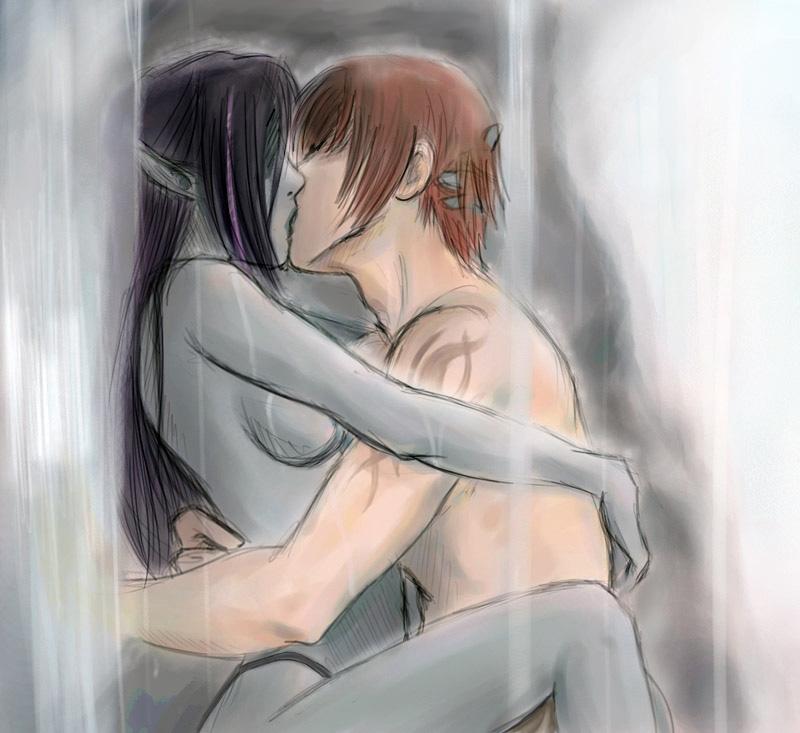 dark elf (lineage 2), human (lineage 2), lineage, lineage 2, 1boy, 1girl, breasts, brown hair, couple, dark-skinned female, dark elf, dark skin, elf, hetero, hugging own legs, interracial, kiss, large breasts, long hair, pointy ears, short hair, tattoo