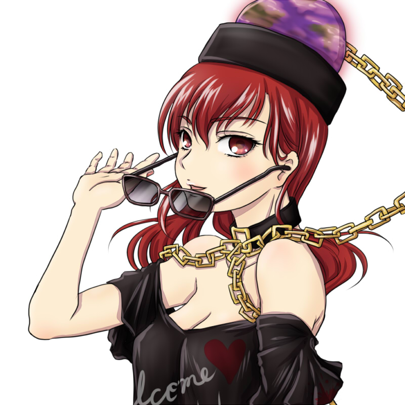 kanro-candy, hecatia lapislazuli, touhou, commentary request, 1girl, black hat, black shirt, blush, breasts, chain, hat, heart, long hair, looking at viewer, medium breasts, off-shoulder shirt, off shoulder, open mouth, red eyes, red hair, shirt, simple background, solo, sunglasses, underworld (ornament), unworn eyewear, upper body, white background