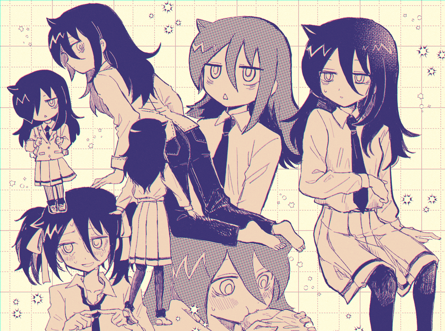 nuka (nukamochi), kuroki tomoko, watashi ga motenai no wa dou kangaetemo omaera ga warui!, commentary request, 1girl, averting eyes, backpack, bag, bags under eyes, barefoot, blush, bread, chestnut mouth, chibi, collared shirt, dotted line, eating, fidgeting, food, from behind, grid background, hair between eyes, hair over one eye, hair ribbon, holding, holding food, holding strap, index fingers together, invisible chair, long hair, long skirt, long sleeves, looking at viewer, looking back, looking down, looking to the side, monochrome, multiple views, necktie, nervous, official alternate hairstyle, one eye covered, open mouth, pants, pantyhose, parted lips, pleated skirt, ribbon, school bag, school uniform, shirt, shirt tucked in, shoes, sitting, skirt, standing, sweatdrop, tears, toes, twintails, untucked shirt