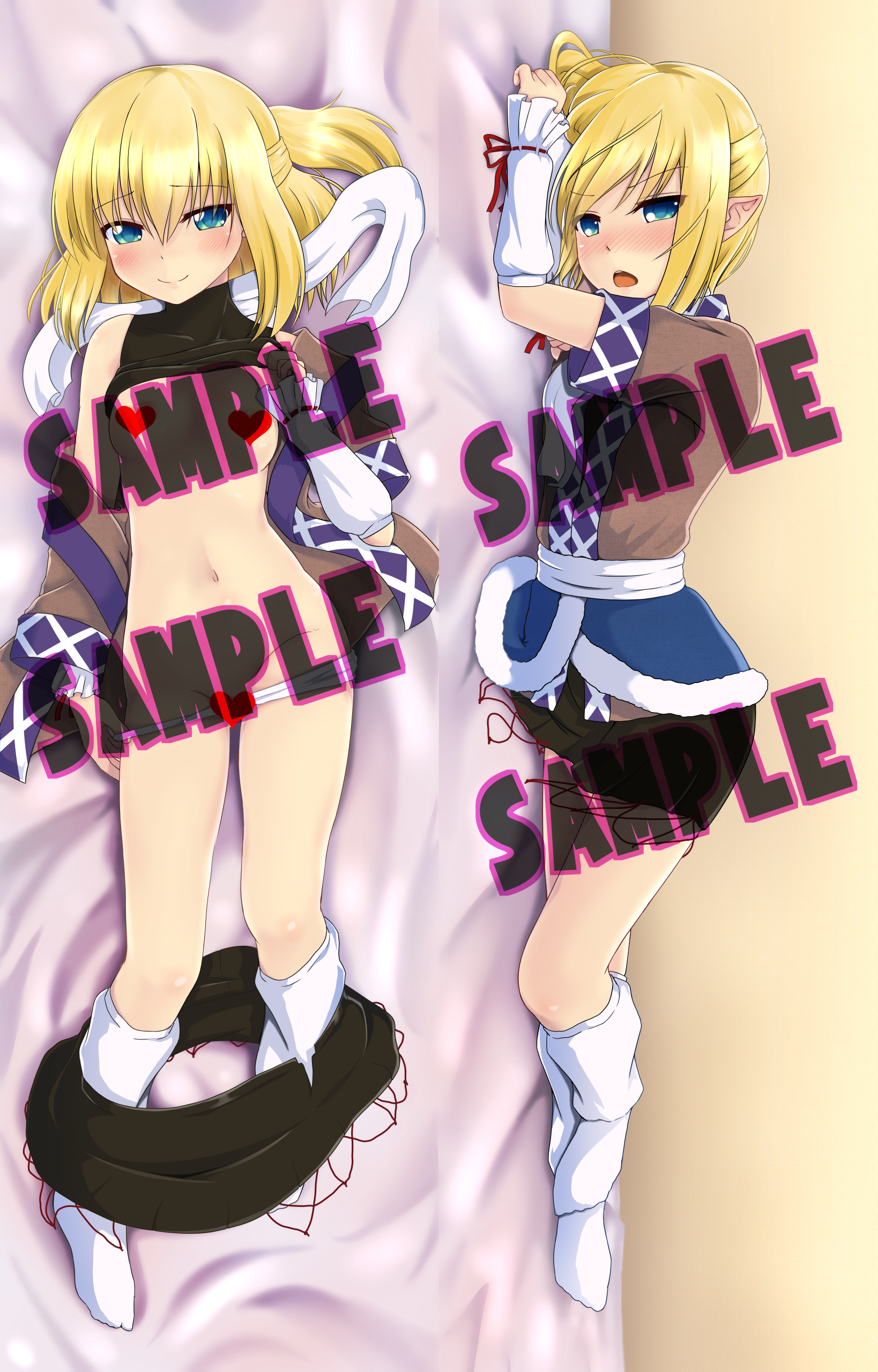 shouwaru, mizuhashi parsee, touhou, absurdres, commentary request, highres, 1girl, arm warmers, black shirt, black skirt, blonde hair, blush, breasts, brown shirt, censored, closed mouth, clothes pull, dakimakura (medium), full body, green eyes, half updo, heart, heart censor, looking at viewer, loose socks, multiple views, navel, no bra, no shoes, open mouth, panties, panty pull, pointy ears, sample watermark, sash, scarf, shirt, short hair, short sleeves, skirt, skirt pull, small breasts, smile, socks, undershirt, underwear, watermark, white panties, white sash, white scarf, white socks