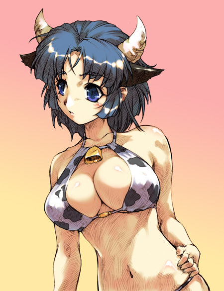 hisahiko, kusuha mizuha, banpresto, super robot wars, 1girl, animal ears, animal print, bell, bikini, blue eyes, blue hair, breasts, cow ears, cow girl, cow print, female focus, horns, large breasts, matching hair/eyes, short hair, solo, swimsuit
