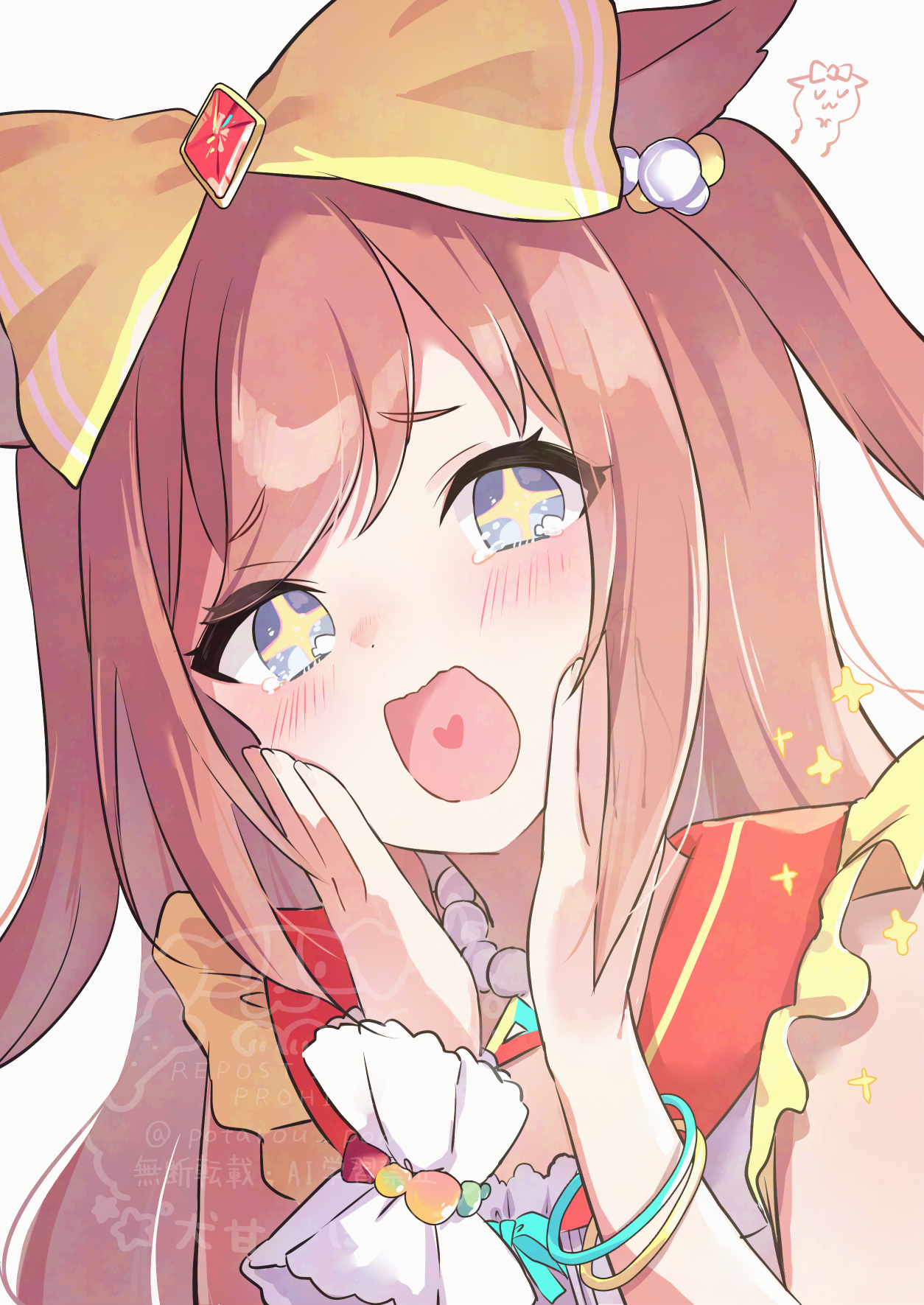 potarou pomi, agnes digital (super express! full color special) (umamusume), agnes digital (umamusume), umamusume, commentary request, highres, + +, 1girl, animal ears, blue eyes, bow, bracelet, brown hair, hands on own cheeks, hands on own face, hands up, heart, heart in mouth, horse ears, horse girl, jewelry, looking at viewer, open mouth, portrait, simple background, smile, solo, sparkle, swept bangs, two side up, white background, yellow bow